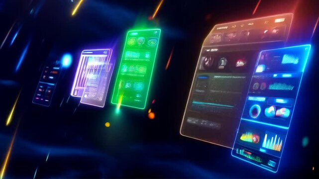 Futuristic holographic user interfaces with colorful glowing screens displaying data analytics, charts, and interactive elements in dynamic 3D space with motion blur.