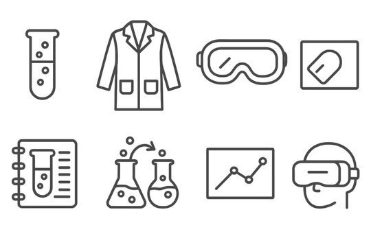 Virtual Lab Icons. Line style icons of virtual labs and experiments: test tube, lab coat, safety goggles, microscope slide,