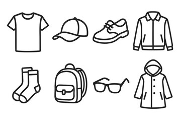 Clothing Line Icons. Line style icons for clothing: t-shirt, hat, shoes, jacket, socks, backpack, sunglasses, raincoat. No text,