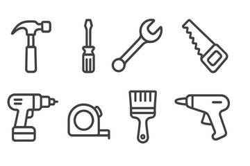 Obraz premium DIY Tool Icons. Line style icons for DIY tools: hammer, screwdriver, wrench, saw, drill, measuring tape, paintbrush, glue gun. No
