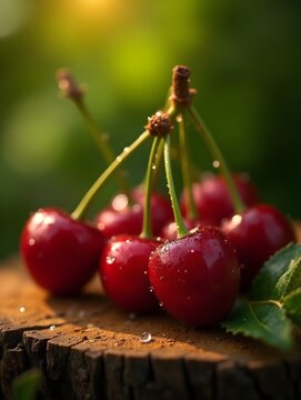 Fresh Cherries on Wood with Dew Drops in Natural Sunlight
