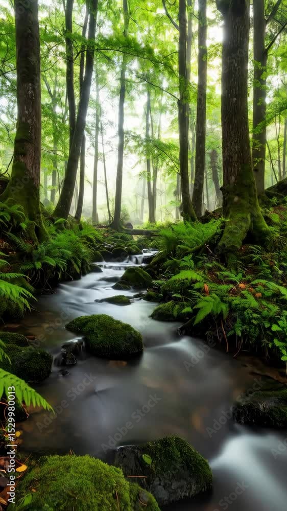 Poster lush green forest with a small stream flowing over moss covered rocks, soft light filtering through 