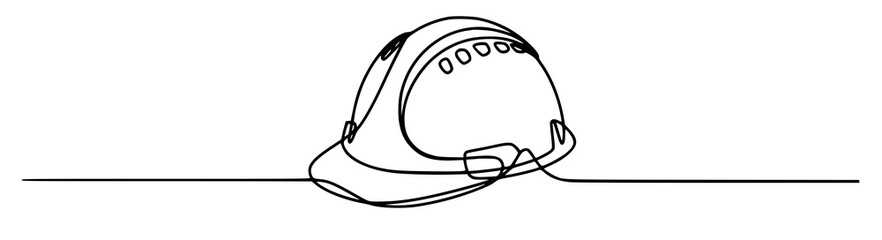 Minimalist one line drawing of a construction safety helmet on a white background