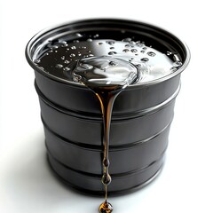 Oily, black liquid being poured into a metal container