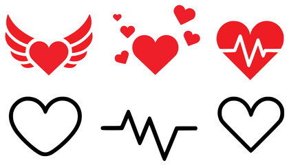 Set of simple heart icons including wings heartbeat and outlines in red and black