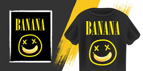 Banana Nirvana T-Shirt Design Vector Black Tee with Yellow Text and Funny Banana Smiling Face, Trendy Graphic Apparel for Casual Style and Pop Culture Fans