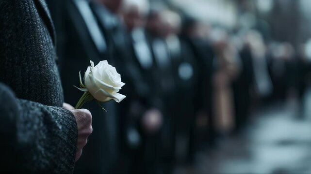 Single white rose held tightly in hand during funeral, symbolizing loss, respect, and deep emotion. Mourning on funeral and remembrance, for scenes of grief, tribute, and emotional farewells