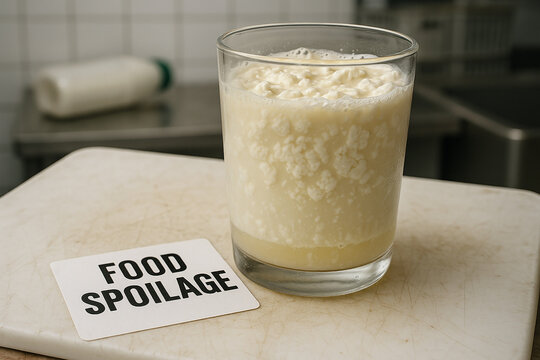 Food spoilage in fermented milk with curdled structure and phase separation indicating microbial overgrowth and temperature abuse in quality assurance laboratory conditions