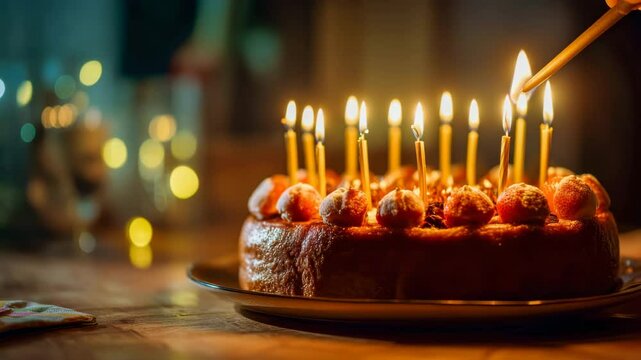 A beautifully decorated birthday cake with lit candles, creating a warm atmosphere, surrounded by soft glowing lights and celebratory elements