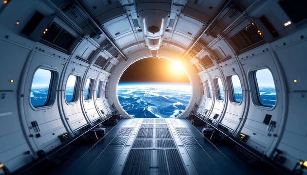 Space station interior view of earth from spaceship window in futuristic travel and exploration concept generative ai  - Powered by Adobe