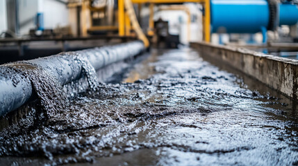 Dark Liquid Flowing from Pipe in Industrial Setting