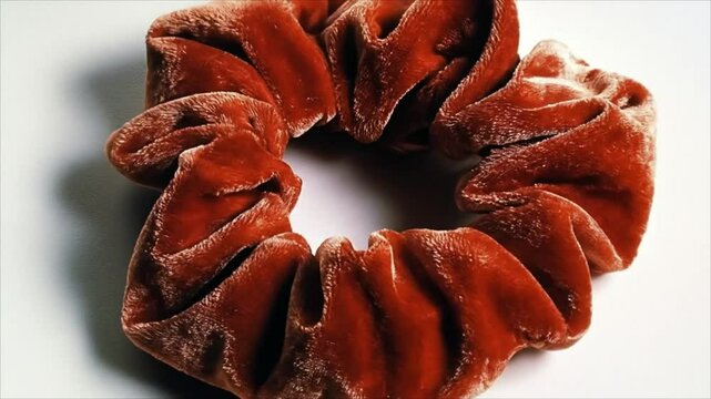 Velvet hair scrunchie in deep red color on white background  