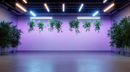 Modern interior space with vibrant lighting and greenery