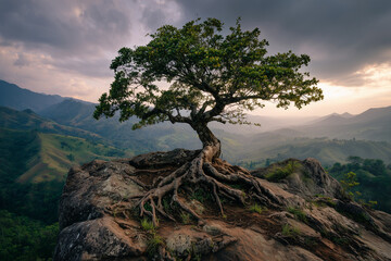 Obraz premium Lone tree on mountain top at sunset