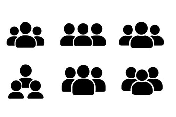 Solid User Icons. Solid style icons of group and team users: group of people icon, team icon, multiple profiles, stacked users,