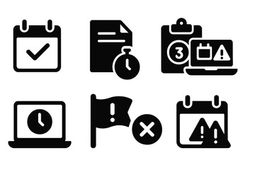 Online Education Deadline Icons. Solid style icons of deadlines in online education: due date icon, assignment timer, countdown