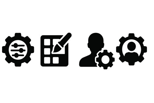 Customization Icons. Solid style icons of customization and preferences: gear with sliders, custom options icon, personal settings