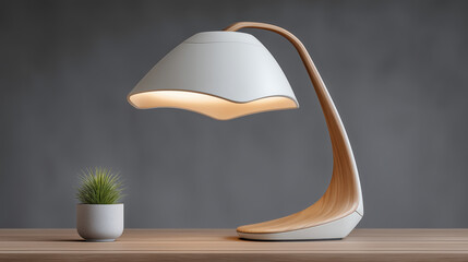 Lamp with a curved base sits on a wooden table next to a potted plant. The lamp is white and has a light on it, illuminating the plant and the table. Concept of warmth and coziness