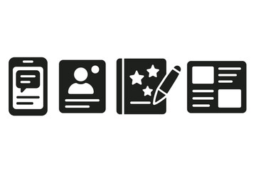 Journaling Tools Icons. Solid style icons of journaling tool: journaling prompt screen, memory entry icon, journal with stars, pen