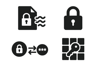 Encryption Tools Icons. Solid style icons of encryption tools: encrypted file, padlock symbol, secure transmission, cryptography