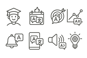 Language Learning Icons. Line style icons of language courses: beginner level icon, language learning streak, learning target,