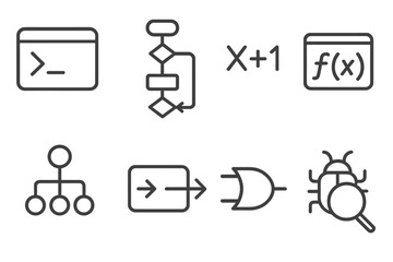 Programming Icons Line Art. Line style icons of programming: shell script icon, logical flow, expression evaluator, custom