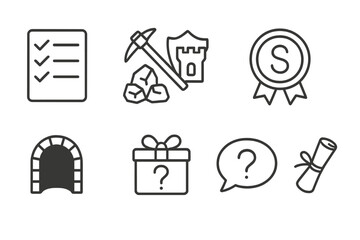 Quest Icons Collection. Line style icons of quests: task list icon, gather resource quest, protect area quest, quest rank badge,