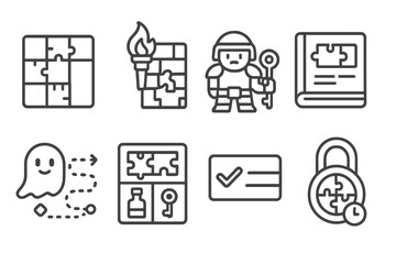 Line Style Puzzle Icons. Line style icons of puzzles: ice sliding puzzle, torch puzzle wall, puzzle gatekeeper character, puzzle