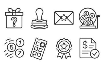 Lottery Line Icons. Line style icons of lottery: mystery prize icon, confirmation stamp, prize envelope, live draw studio icon,