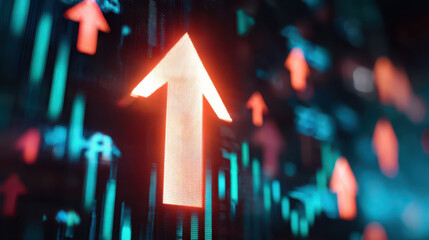 Close-up of a glowing upward arrow graph on a digital screen with blurred financial charts background