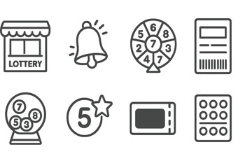 Lottery Icons Set. Line style icons of lottery: lottery kiosk, winning bell icon, number picker wheel, ticket barcode, lucky draw