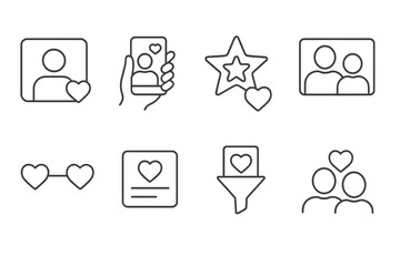 Dating Icons Collection. Line style icons of dating: profile setup icon, selfie photo icon, romantic compatibility star, couples&rsquo;