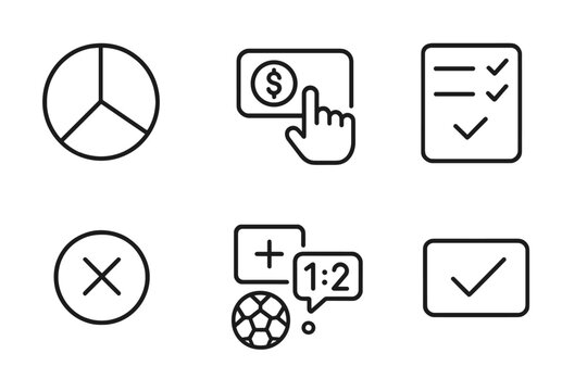 Betting Line Icons. Line style icons of betting: win probability pie chart, bet placement hand, accumulator bet icon, single bet