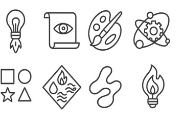 Creative Icon Concepts. Line style icons of creativity: idea launcher, vision scroll, artist gear, imagination orbit, creative
