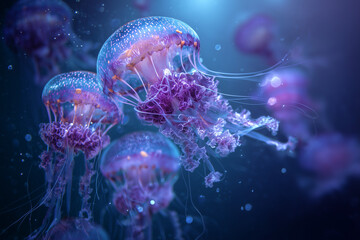 Obraz premium Glowing jellyfish in deep blue ocean