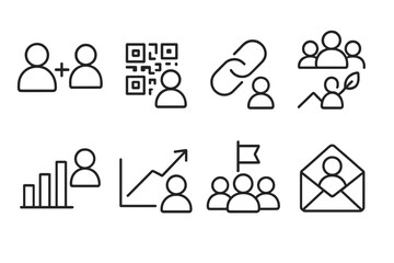 Online Community Icons. Line style icons of online communities: invite friend, referral code, join link, community growth, new