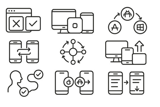 Cross-Platform Compatibility Icons. Line style icons of cross-platform compatibility: version parity icon, screen simulation