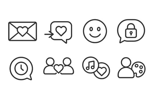 Dating App Icons. Line style icons of dating apps: love message, quick reply, mood icon, chat lock, time stamp, mutual friends,