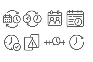 Collaboration Line Icons. Line style icons of collaboration: schedule align, time block sync, joint calendar, meeting slots,