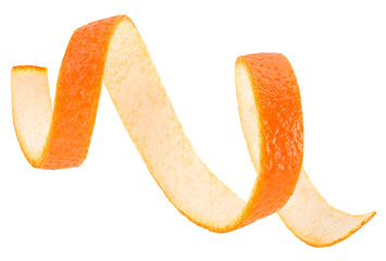 Isolated fresh orange peel on white background. Orange skin stripe in spiral form. Orange zest.