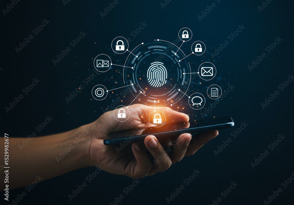 Aufkleber fingerprint security scan on mobile phone for data protection and privacy cyber security concept
