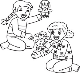 Sleepover Girls Playing Dolls Isolated Coloring 