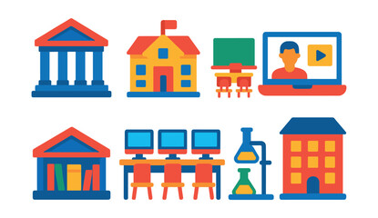 Flat vector icons of educational infrastructure: university building icon, primary school symbol, classroom interior, online learning station, library icon, computer lab setup, science lab station,