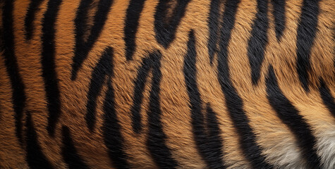 Close-up of tiger fur’s striped pattern, highlighting its natural texture and colors. A perfectly centered, symmetrical photo with ample copy space for design or creative use