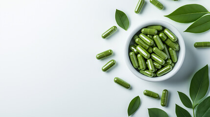 "Top view flat lay of green capsule pills on a white background with ample copy space. A clean, minimal composition ideal for healthcare, pharmaceutical, or wellness-themed designs