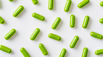 Flat lay, top view stock photo of numerous green capsule-shaped pills scattered on a clean white background. Ideal for medical, pharmaceutical, or healthcare-themed visual projects
