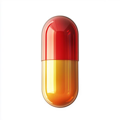 "Close-up of a smooth red, orange, and gold multivitamin capsule on a white background. 2D vector graphic with glossy reflections, high resolution, no text, shadows, or texture