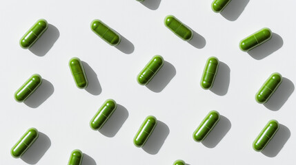 Top view flat lay of green ‘veg’-shaped health supplement capsules arranged on a white background. Clean and clear image ideal for wellness, nutrition, and pharmaceutical designs
