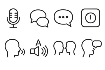 Speaking Skills Icons. Line style icons for speaking skills: microphone, conversation bubbles, speech bubble with dots, recording,