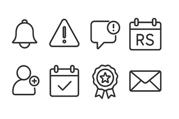 Line Style Notification Icons. Line style icons for notifications and alerts: bell, exclamation mark, message alert, RSVP reminder